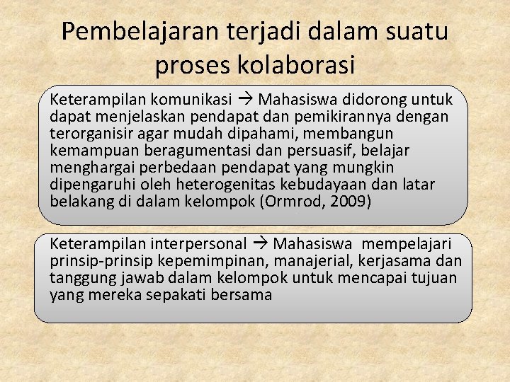 Pembelajaran terjadi dalam suatu proses kolaborasi Keterampilan komunikasi Mahasiswa didorong untuk dapat menjelaskan pendapat