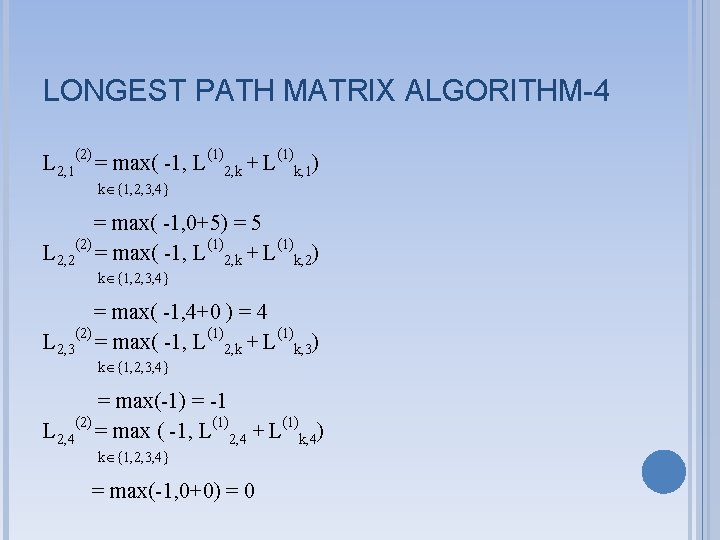 LONGEST PATH MATRIX ALGORITHM-4 L 2, 1(2) = max( -1, L(1)2, k + L(1)k,