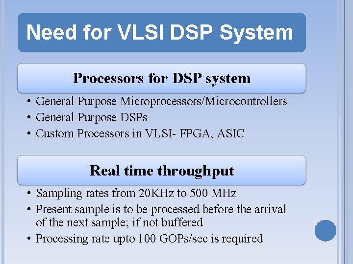 Need for VLSI DSP System Processors for DSP system • General Purpose Microprocessors/Microcontrollers •