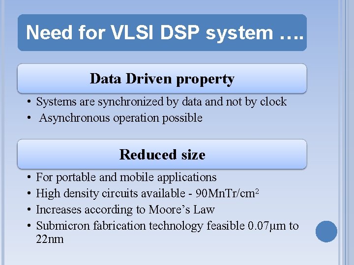 Need for VLSI DSP system …. Data Driven property • Systems are synchronized by