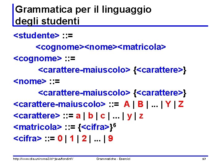 Grammatica per il linguaggio degli studenti <studente> : : = <cognome><matricola> <cognome> : :