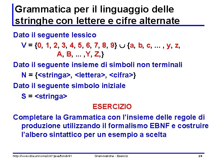 Grammatica per il linguaggio delle stringhe con lettere e cifre alternate Dato il seguente