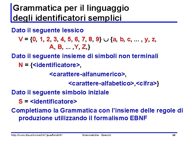 Grammatica per il linguaggio degli identificatori semplici Dato il seguente lessico V = {0,