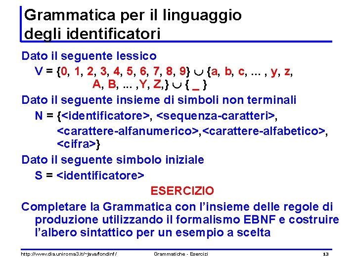 Grammatica per il linguaggio degli identificatori Dato il seguente lessico V = {0, 1,