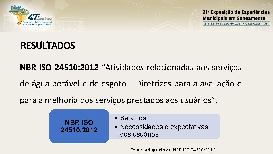 RESULTADOS NBR ISO 24510: 2012 “Atividades relacionadas aos serviços de água potável e de