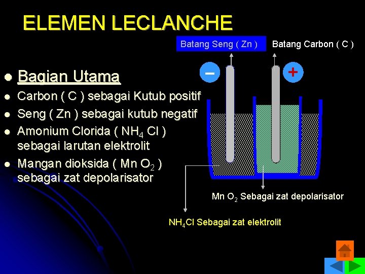ELEMEN LECLANCHE Batang Seng ( Zn ) l Bagian Utama l Carbon ( C