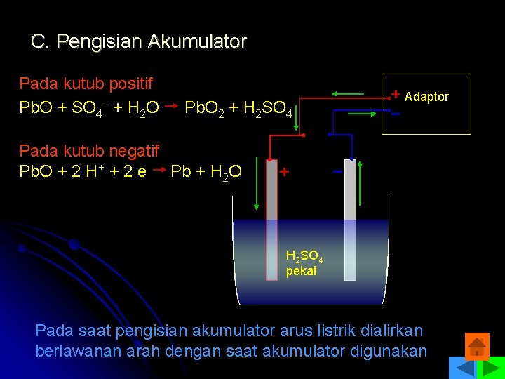 C. Pengisian Akumulator Pada kutub positif Pb. O + SO 4– + H 2