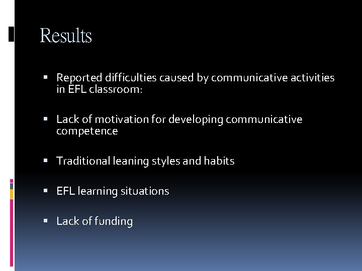Results Reported difficulties caused by communicative activities in EFL classroom: Lack of motivation for Results Reported difficulties caused by communicative activities in EFL classroom: Lack of motivation for