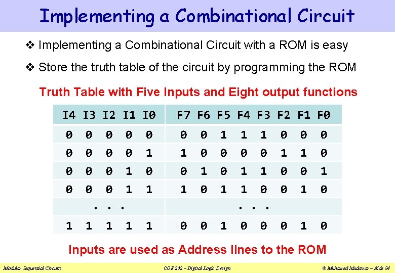 Implementing a Combinational Circuit v Implementing a Combinational Circuit with a ROM is easy