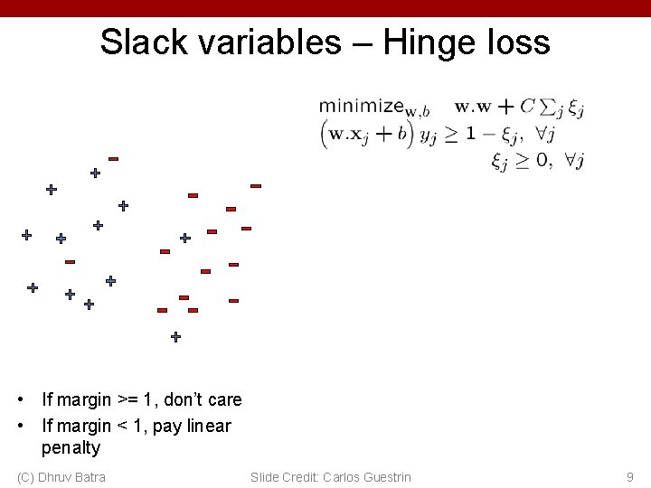 Slack variables – Hinge loss • If margin >= 1, don’t care • If