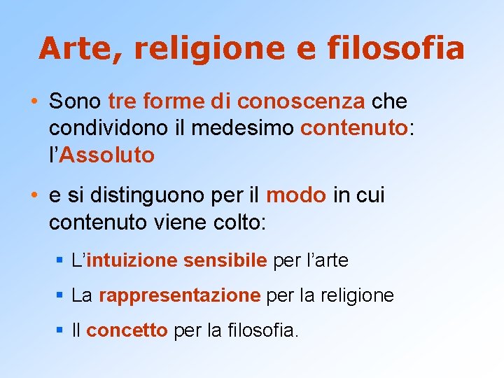 Arte, religione e filosofia • Sono tre forme di conoscenza che condividono il medesimo