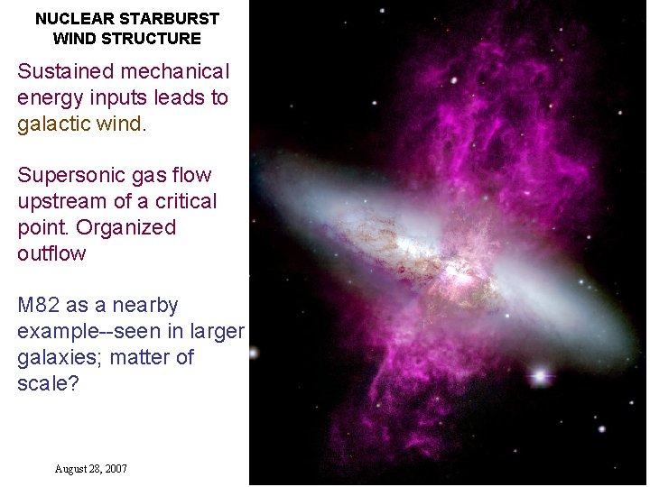 NUCLEAR STARBURST WIND STRUCTURE Sustained mechanical energy inputs leads to galactic wind. Supersonic gas