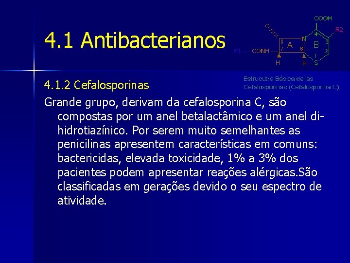 4. 1 Antibacterianos 4. 1. 2 Cefalosporinas Grande grupo, derivam da cefalosporina C, são