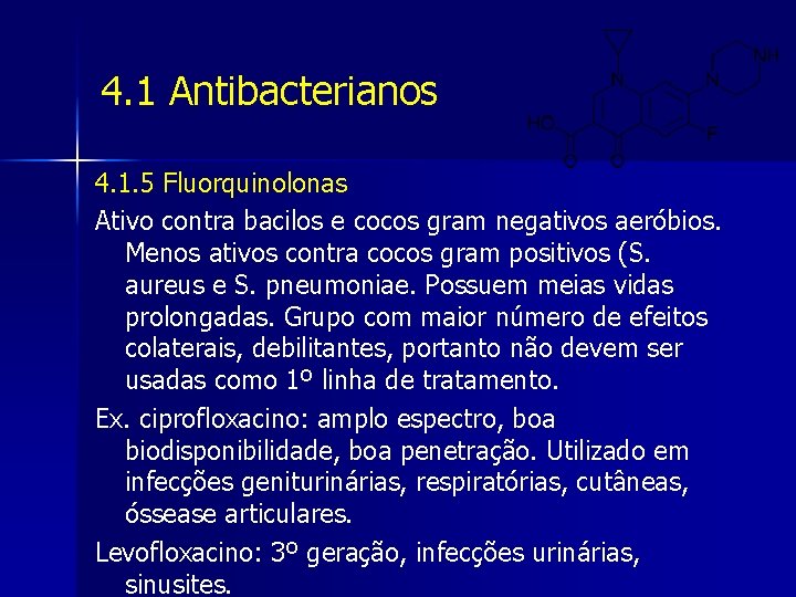 4. 1 Antibacterianos 4. 1. 5 Fluorquinolonas Ativo contra bacilos e cocos gram negativos