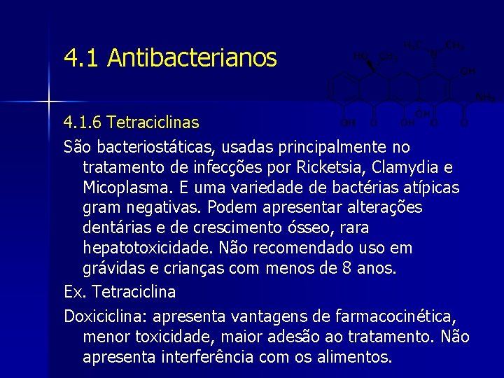 4. 1 Antibacterianos 4. 1. 6 Tetraciclinas São bacteriostáticas, usadas principalmente no tratamento de