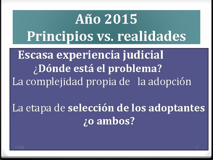 Año 2015 Principios vs. realidades 0 Escasa experiencia judicial 0 ¿Dónde está el problema?