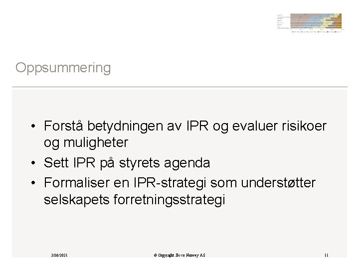 Oppsummering • Forstå betydningen av IPR og evaluer risikoer og muligheter • Sett IPR