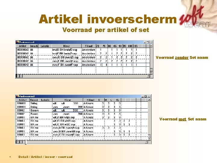 Artikel invoerscherm Voorraad per artikel of set Voorraad zonder Set naam Voorraad met Set Artikel invoerscherm Voorraad per artikel of set Voorraad zonder Set naam Voorraad met Set