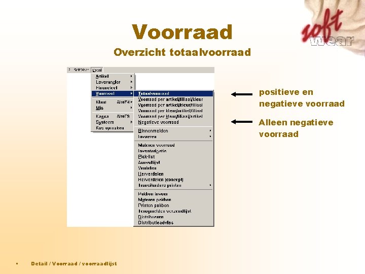 Voorraad Overzicht totaalvoorraad positieve en negatieve voorraad Alleen negatieve voorraad • Detail / Voorraad Voorraad Overzicht totaalvoorraad positieve en negatieve voorraad Alleen negatieve voorraad • Detail / Voorraad