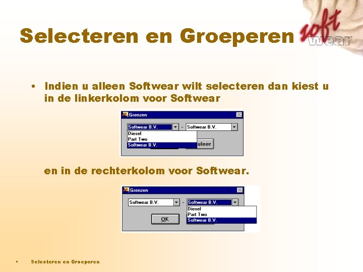 Selecteren en Groeperen • Indien u alleen Softwear wilt selecteren dan kiest u in Selecteren en Groeperen • Indien u alleen Softwear wilt selecteren dan kiest u in