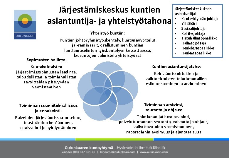 Järjestämiskeskus kuntien asiantuntija- ja yhteistyötahona Järjestämiskeskuksen asiantuntijat: • Kuntayhtymän johtaja • Ylilääkäri • Sosiaalijohtaja