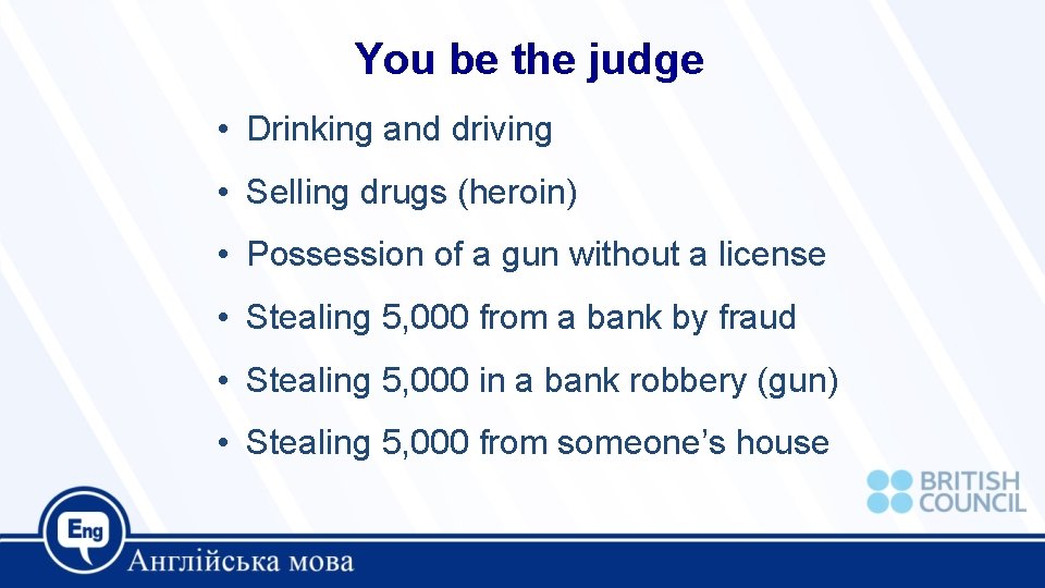 You be the judge • Drinking and driving • Selling drugs (heroin) • Possession