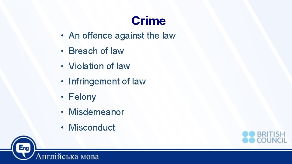 Crime • An offence against the law • Breach of law • Violation of