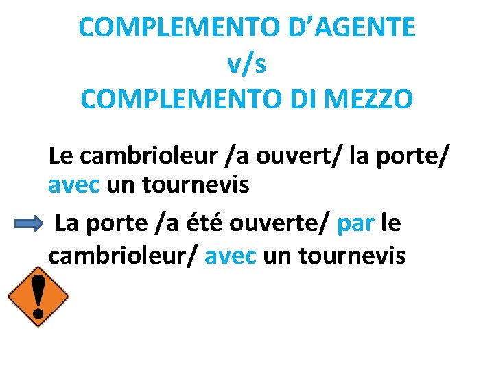 COMPLEMENTO D’AGENTE v/s COMPLEMENTO DI MEZZO Le cambrioleur /a ouvert/ la porte/ avec un