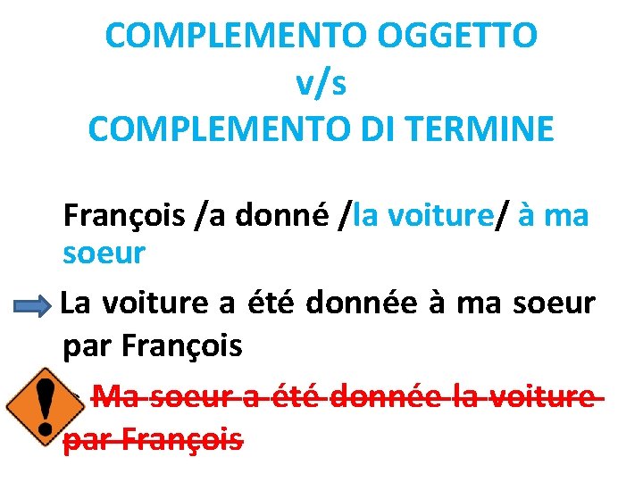 COMPLEMENTO OGGETTO v/s COMPLEMENTO DI TERMINE François /a donné /la voiture/ à ma soeur