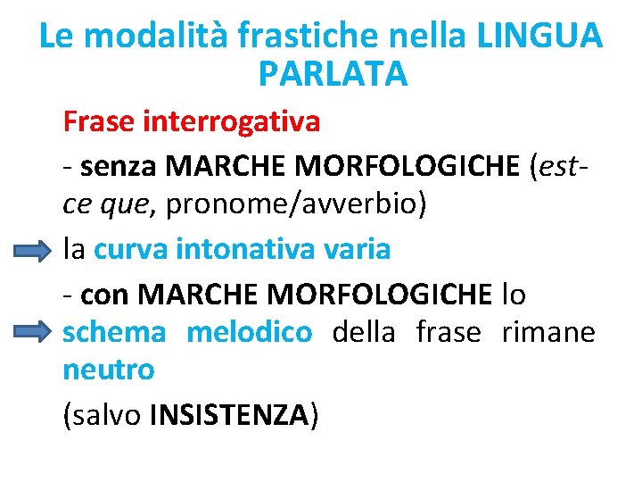 Le modalità frastiche nella LINGUA PARLATA Frase interrogativa - senza MARCHE MORFOLOGICHE (estce que,