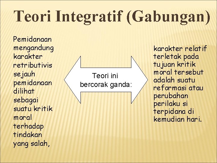 Teori Integratif (Gabungan) Pemidanaan mengandung karakter retributivis sejauh pemidanaan dilihat sebagai suatu kritik moral