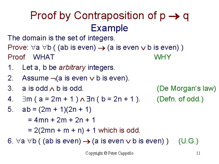 Proof by Contraposition of p q Example The domain is the set of integers. Proof by Contraposition of p q Example The domain is the set of integers.