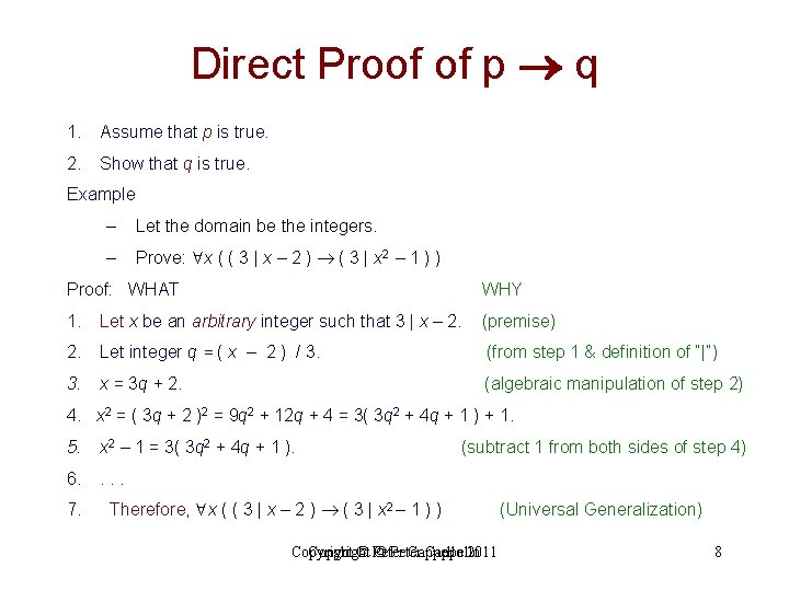 Direct Proof of p q 1. Assume that p is true. 2. Show that Direct Proof of p q 1. Assume that p is true. 2. Show that