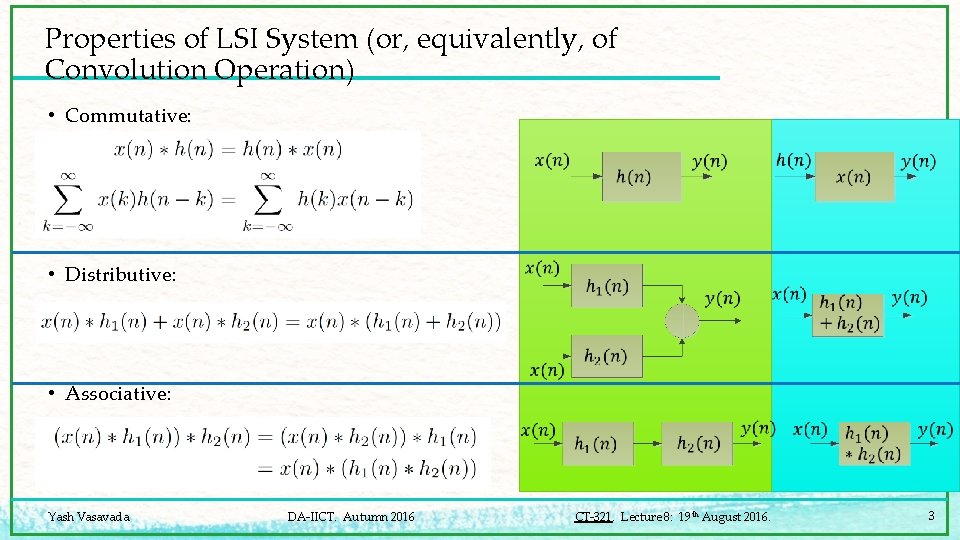 Properties of LSI System (or, equivalently, of Convolution Operation) • Commutative: • Distributive: •