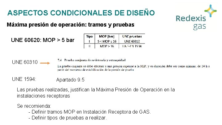 ASPECTOS CONDICIONALES DE DISEÑO Máxima presión de operación: tramos y pruebas UNE 60620: MOP