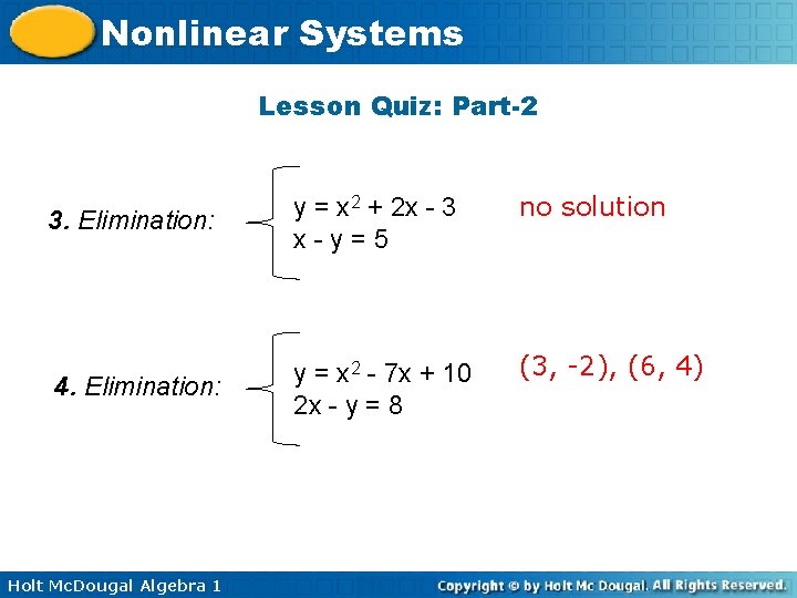 Nonlinear Systems Lesson Quiz: Part-2 3. Elimination: y = x 2 + 2 x