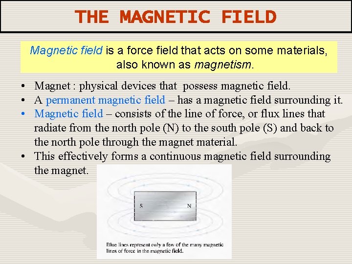 THE MAGNETIC FIELD Magnetic field is a force field that acts on some materials,