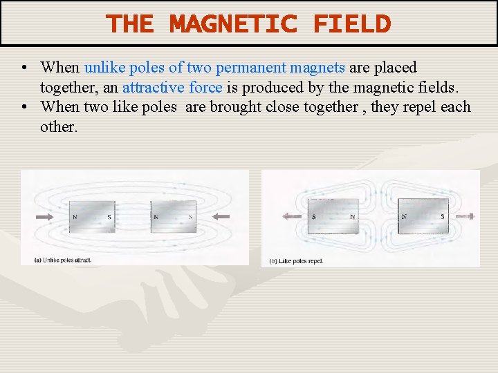 THE MAGNETIC FIELD • When unlike poles of two permanent magnets are placed together,