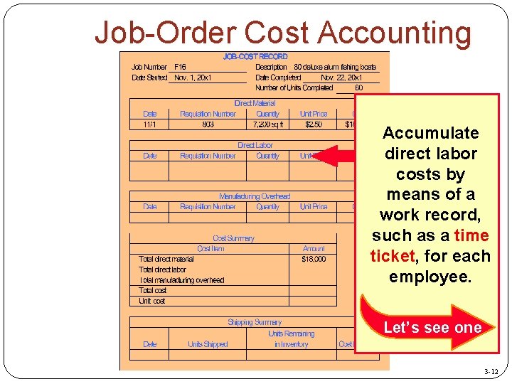 Job-Order Cost Accounting Accumulate direct labor costs by means of a work record, such