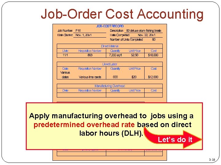 Job-Order Cost Accounting Apply manufacturing overhead to jobs using a predetermined overhead rate based