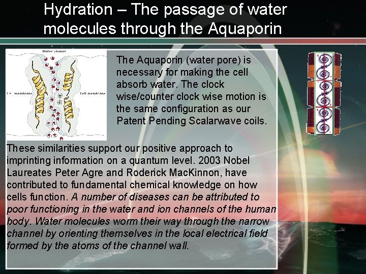 Hydration – The passage of water molecules through the Aquaporin The Aquaporin (water pore)