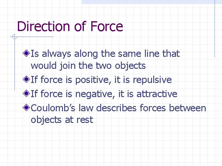 Direction of Force Is always along the same line that would join the two