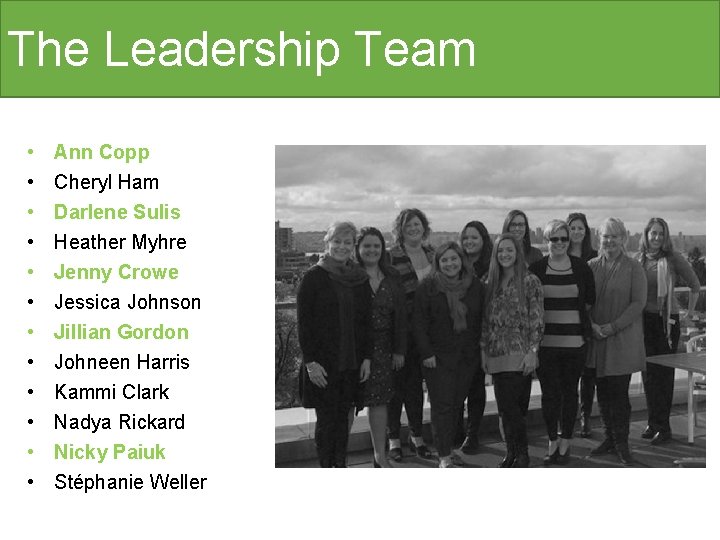 The Leadership Team • • • Ann Copp Cheryl Ham Darlene Sulis Heather Myhre