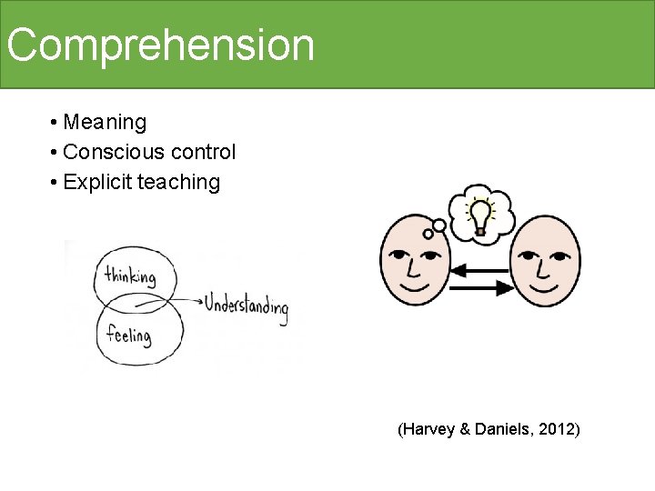 Comprehension • Meaning • Conscious control • Explicit teaching (Harvey & Daniels, 2012) 