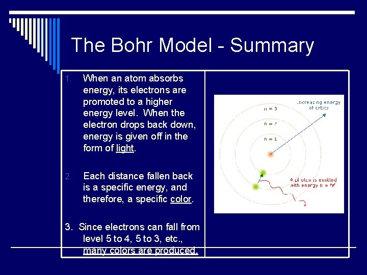 The Bohr Model - Summary 1. When an atom absorbs energy, its electrons are