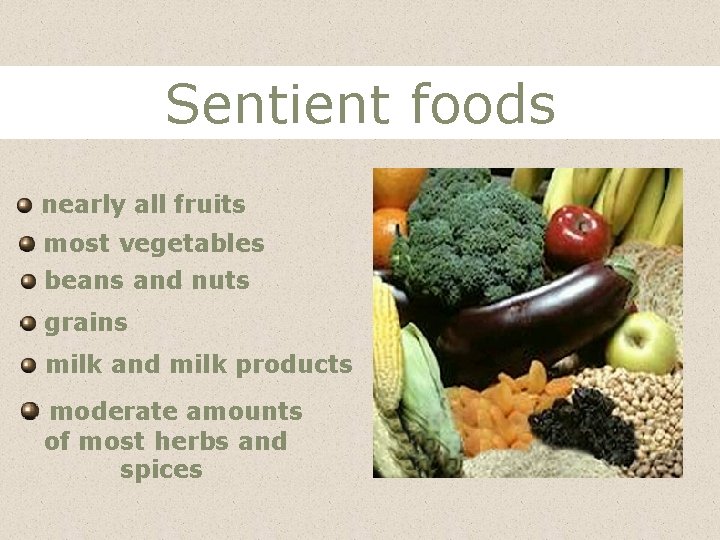 Sentient foods nearly all fruits most vegetables beans and nuts grains milk and milk