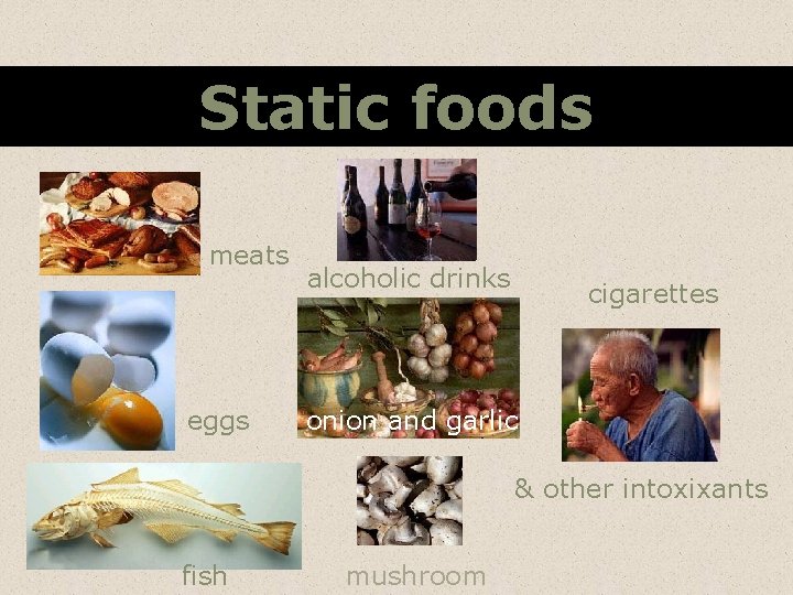 Static foods meats eggs alcoholic drinks cigarettes onion and garlic & other intoxixants fish