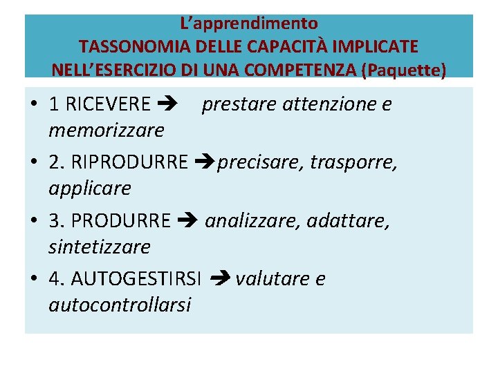 L’apprendimento TASSONOMIA DELLE CAPACITÀ IMPLICATE NELL’ESERCIZIO DI UNA COMPETENZA (Paquette) • 1 RICEVERE prestare