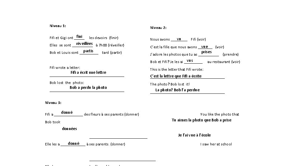 Niveau 1: fini Fifi et Gigi ont _____ les devoirs (finir) réveillées Elles se Niveau 1: fini Fifi et Gigi ont _____ les devoirs (finir) réveillées Elles se