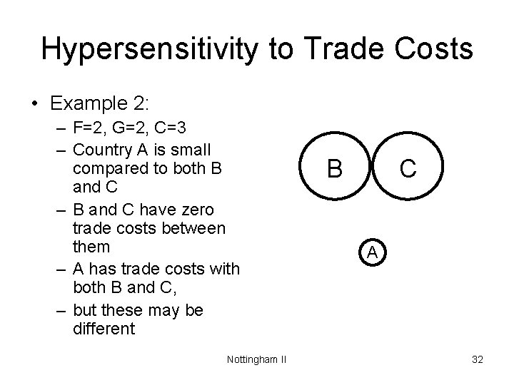 Hypersensitivity to Trade Costs • Example 2: – F=2, G=2, C=3 – Country A